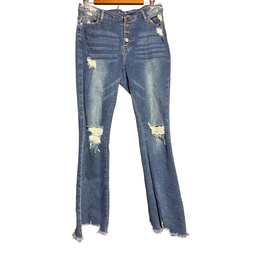 SHEIN Women Size 32 Distressed High‎ Waisted Blue Denim Button Fly Raw Hem Jeans